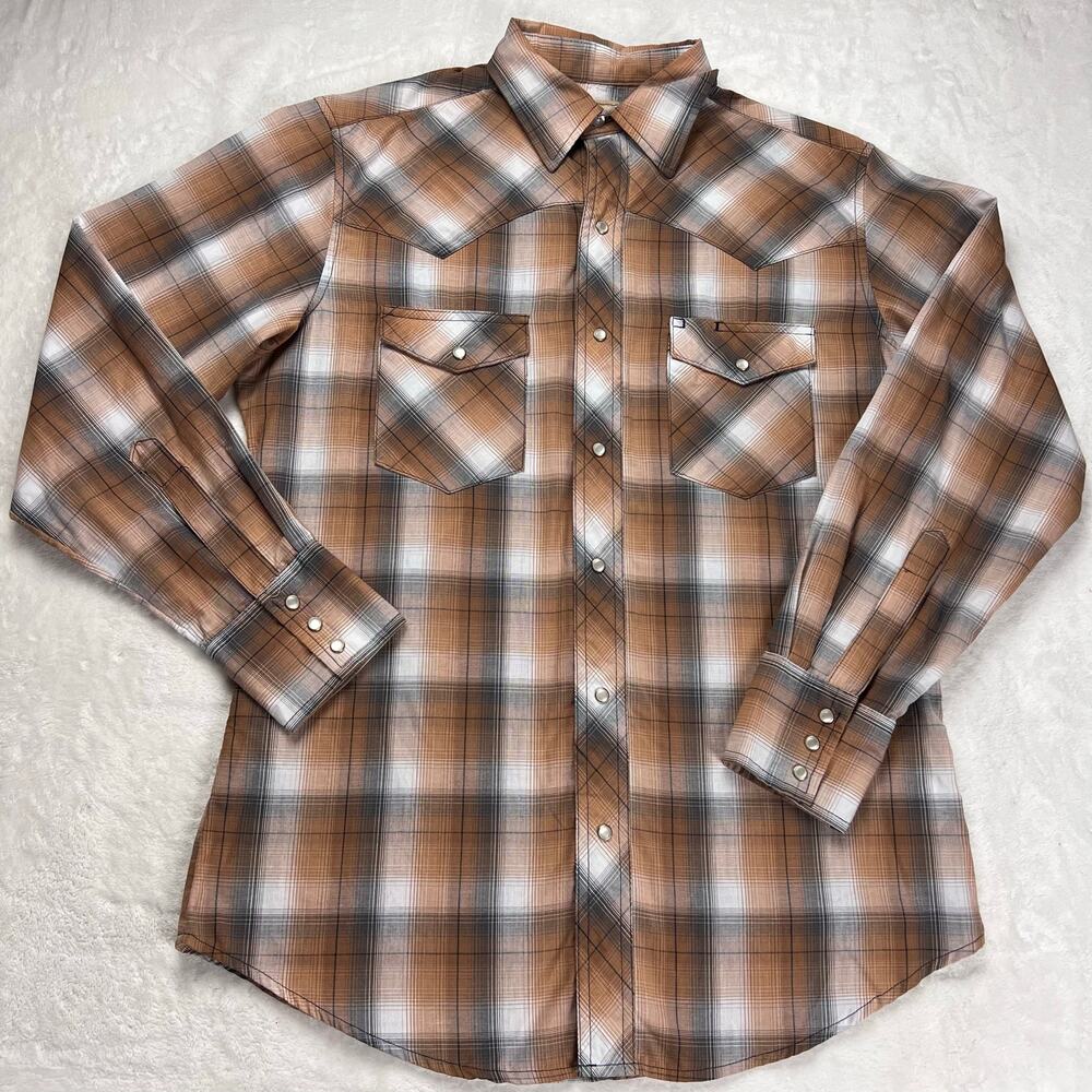 Wrangler Western Pearl Snap Brown Plaid Shirt men’s size Medium